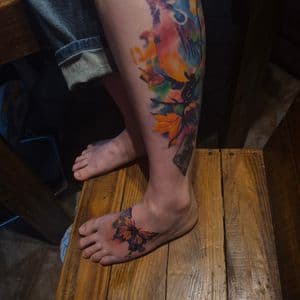 Watercolor + Color bird tattoo on Calf by ink_by_Ronnie on TattMe