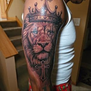 Realism + Black & Grey lion tattoo on Upper Arm by Jacob_Love_TD on TattMe