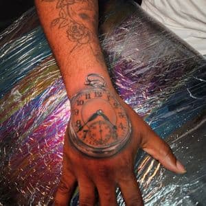 Black & Grey + Realism pocket watch tattoo on Hand by Jacob_Love_TD on TattMe