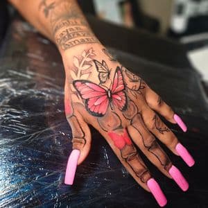 Fine Line + Color butterfly tattoo on Hand by Jacob_Love_TD on TattMe