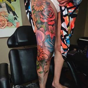 Color + Floral sunflowers tattoo on Full Leg Sleeve by Jacob_Love_TD on TattMe