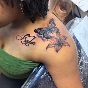 Color + Black & Grey butterfly tattoo on Shoulder by TaeDavinci on TattMe