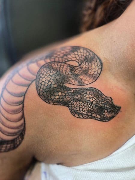 Black & Grey + Illustrative snake tattoo on Shoulder by Qjoriginals43 on TattMe