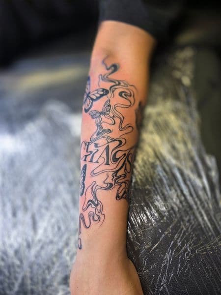 Black & Grey + Illustrative butterflies tattoo on Forearm by Qjoriginals43 on TattMe