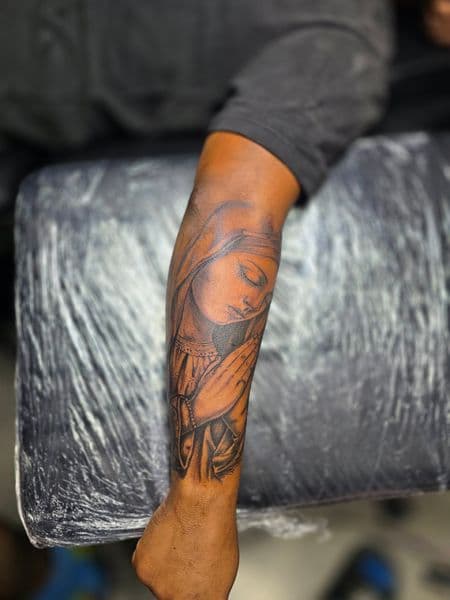 Black & Grey + Realism religious figure tattoo on Forearm by Qjoriginals43 on TattMe