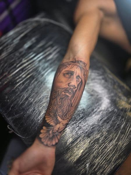 Black & Grey + Realism jesus tattoo on Forearm by Qjoriginals43 on TattMe