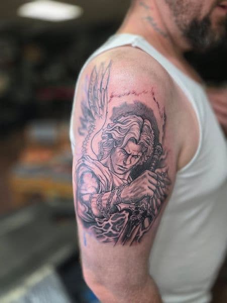 Black & Grey + Illustrative Realism angel tattoo on Upper Arm by Qjoriginals43 on TattMe