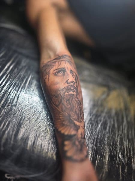 Black & Grey + Realism jesus tattoo on Forearm by Qjoriginals43 on TattMe