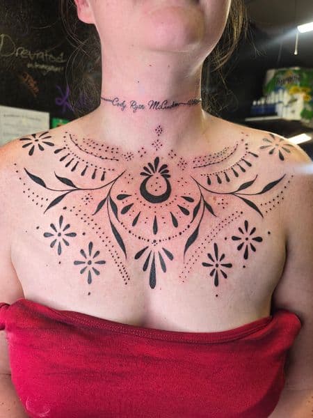 Black-work + Dot-work floral tattoo on Chest by Qjoriginals43 on TattMe