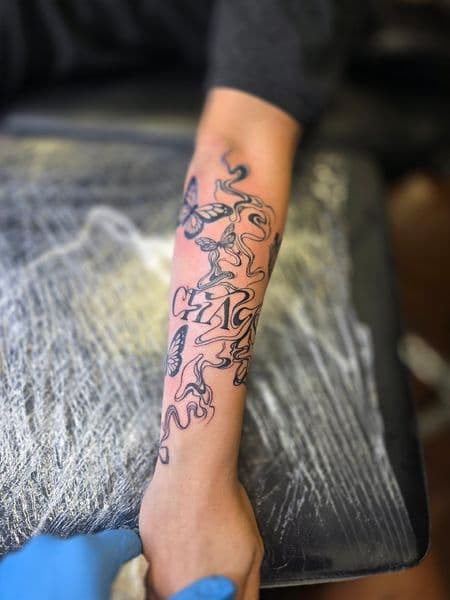 Black-work + Fine Line butterflies tattoo on Forearm by Qjoriginals43 on TattMe