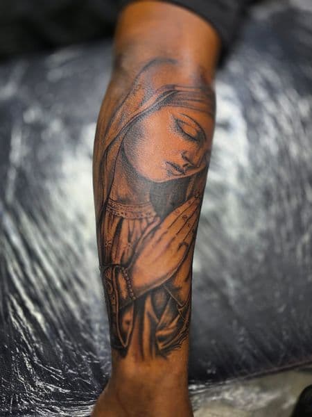 Black & Grey + Realism virgin mary tattoo on Forearm by Qjoriginals43 on TattMe