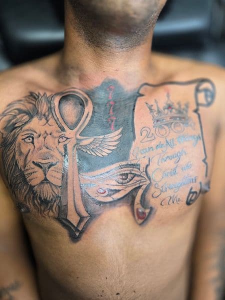 Black & Grey + Illustrative lion tattoo on Chest by Qjoriginals43 on TattMe