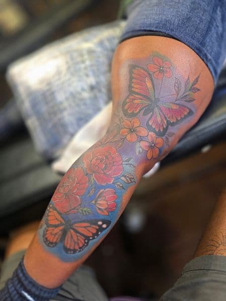 Color + Illustrative butterflies tattoo on Thigh by Qjoriginals43 on TattMe