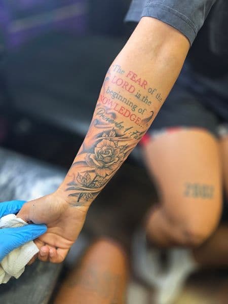 Lettering + Floral roses tattoo on Forearm by Qjoriginals43 on TattMe