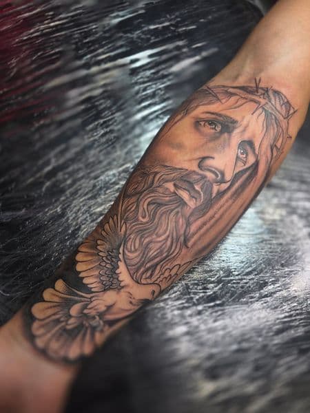 Black & Grey + Realism jesus tattoo on Forearm by Qjoriginals43 on TattMe