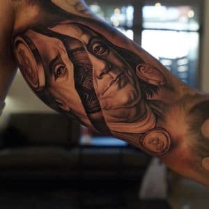 Black & Grey + Realism benjamin franklin tattoo on Upper Arm by Sixteenth_Studio on TattMe