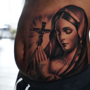 Black & Grey + Realism virgin mary tattoo on Side (Torso) by Sixteenth_Studio on TattMe