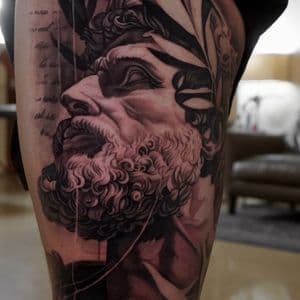 Black & Grey + Realism bust tattoo on Thigh by Sixteenth_Studio on TattMe
