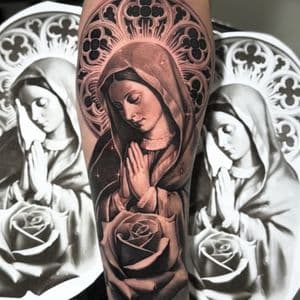 Black & Grey + Realism virgin mary tattoo on Forearm by Sixteenth_Studio on TattMe