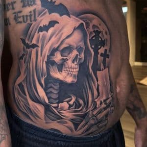 Black & Grey + Illustrative grim reaper tattoo on Side (Torso) by Sixteenth_Studio on TattMe