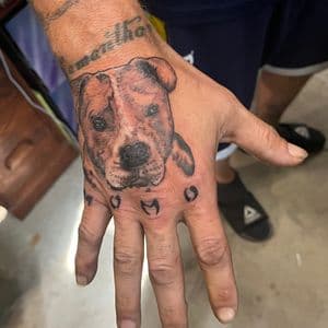 Realism + Color dog tattoo on Hand by nomad_ink on TattMe