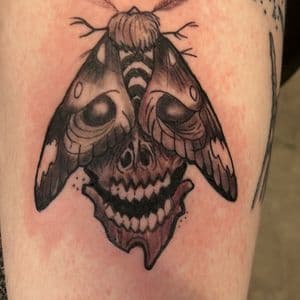 Black & Grey + Illustrative moth tattoo on Thigh by nomad_ink on TattMe