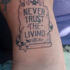 Black-work + Illustrative gravestone tattoo on Upper Arm by nomad_ink on TattMe