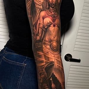 Black & Grey + Realism goddess tattoo on Full Sleeve by D-Artist on TattMe