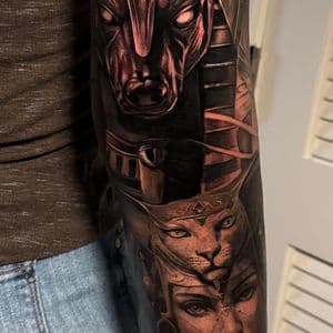 Realism + Black & Grey anubis tattoo on Full Sleeve by D-Artist on TattMe