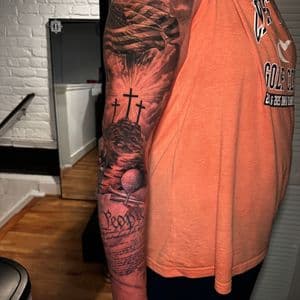 Black & Grey + Realism american flag tattoo on Full Sleeve by D-Artist on TattMe