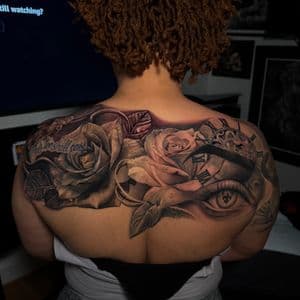 Black & Grey + Realism roses tattoo on Upper Back by D-Artist on TattMe