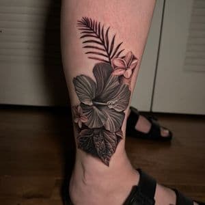 Black & Grey + Floral hibiscus tattoo on Calf by D-Artist on TattMe