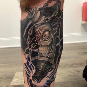 Illustrative + Black & Grey spark plug tattoo on Calf by D-Artist on TattMe
