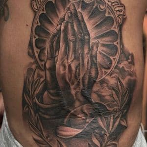 Black & Grey + Illustrative hands tattoo on Stomach by D-Artist on TattMe