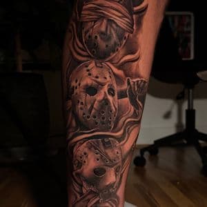 Black & Grey + Realism hockey masks tattoo on Calf by D-Artist on TattMe