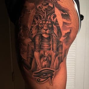 Black & Grey + Realism sekhmet tattoo on Thigh by D-Artist on TattMe