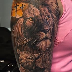 Realism + Black & Grey lion tattoo on Upper Arm by D-Artist on TattMe