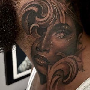 Black & Grey + Illustrative woman tattoo on Neck (Side) by D-Artist on TattMe
