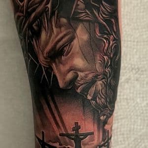 Realism + Black & Grey jesus tattoo on Forearm by D-Artist on TattMe