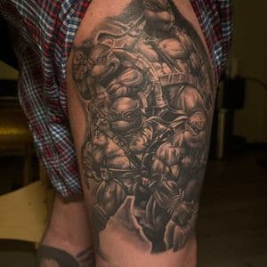 Black & Grey + Realism ninja turtles tattoo on Thigh by D-Artist on TattMe