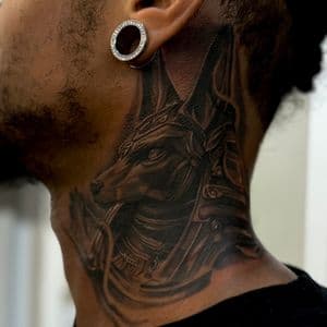 Black & Grey + Realism anubis tattoo on Neck (Side) by D-Artist on TattMe