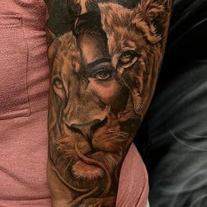 Realism + Photo Realism lion tattoo on Half Sleeve by D-Artist on TattMe