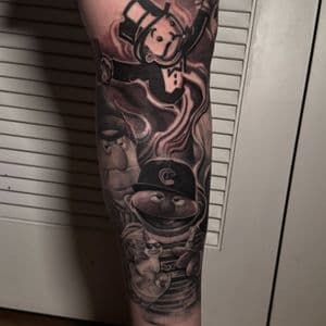 Black & Grey + Illustrative monopoly man tattoo on Calf by D-Artist on TattMe