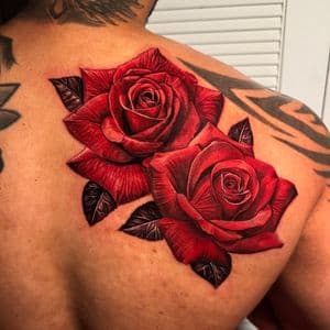 Realism + Color roses tattoo on Upper Back by D-Artist on TattMe