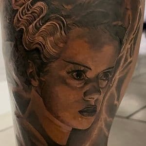 Realism + Black & Grey bride of frankenstein tattoo on Calf by D-Artist on TattMe