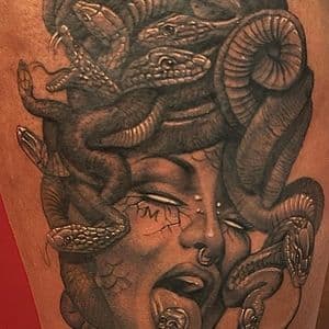 Black & Grey + Illustrative medusa tattoo on Thigh by D-Artist on TattMe