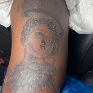 Black & Grey + Illustrative angel tattoo on Upper Arm by gq_ink on TattMe