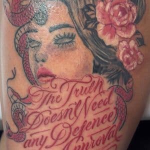 Lettering + Script woman tattoo on Thigh by gq_ink on TattMe