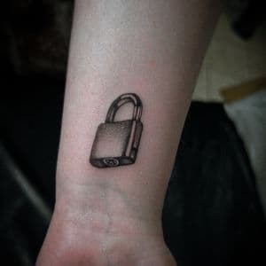 Black & Grey + Illustrative padlock tattoo on Wrist by Q_tattoo on TattMe