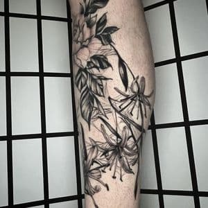 Floral + Fine Line flowers tattoo on Calf by Q_tattoo on TattMe